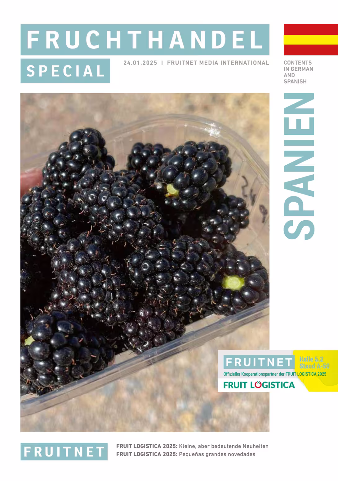 Titelblatt des Fruchthandel Magazin Special Spanien vom 24. Januar 2025 zur Fruit Logistica. Foto zeigt eine Plastikschale voller frischer Brombeeren.