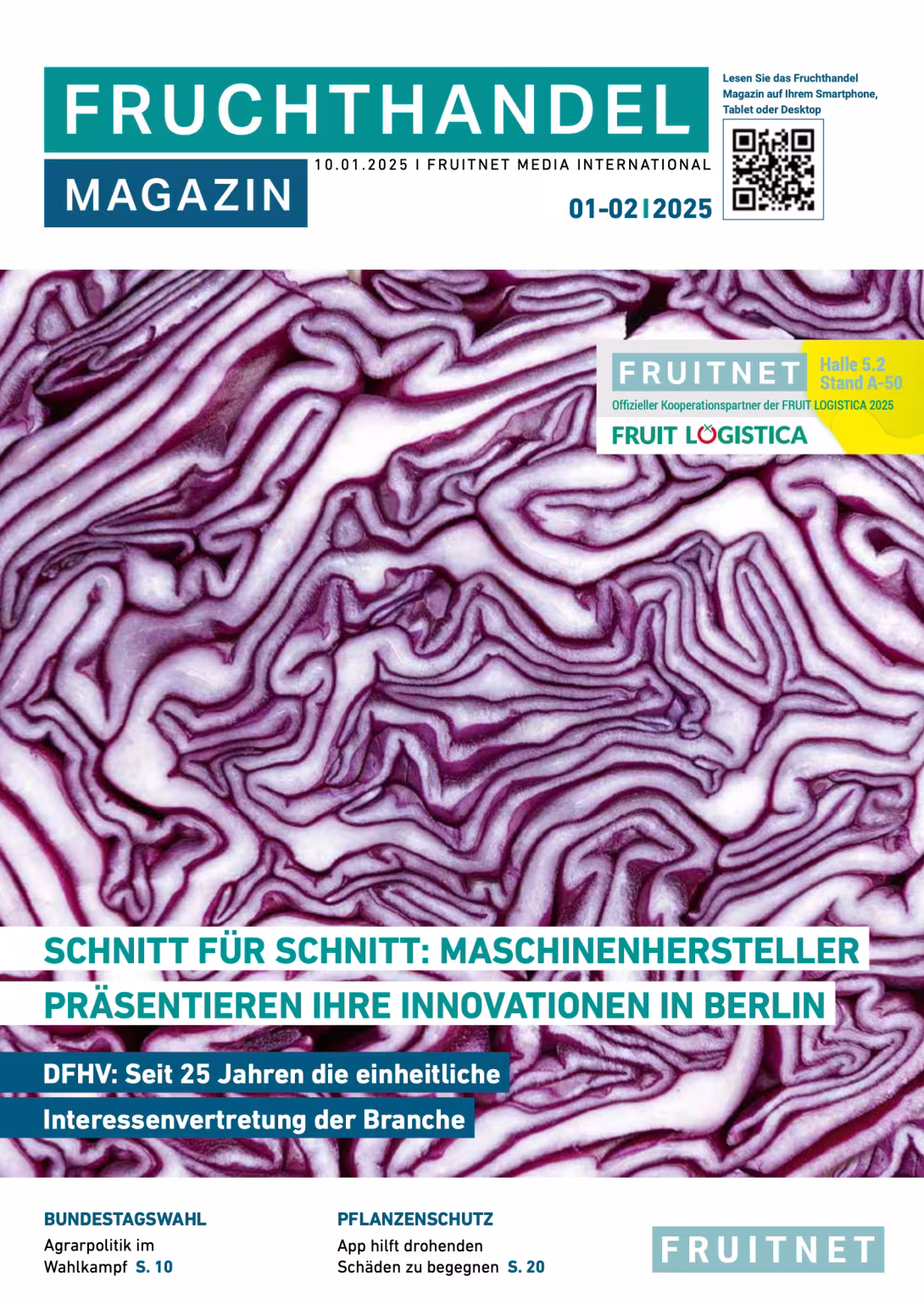 Titelbild des Fruchthandel Magazins vom 10. Januar 2025. Nahaufnahme von aufgeschnittenem Rotkohl mit detailreicher Struktur in Lila und Weiß.