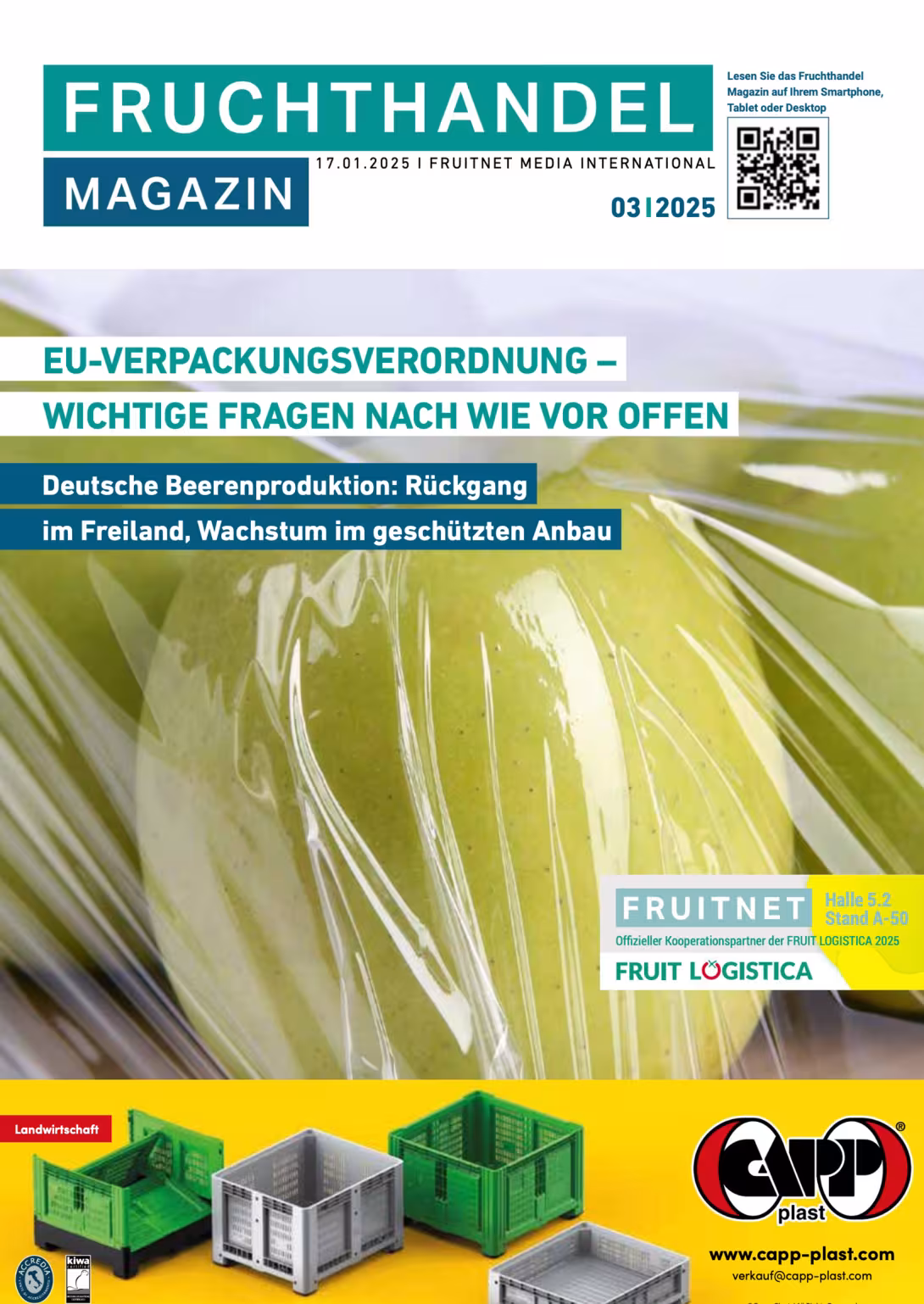 Titelbild des Fruchthandel Magazins vom 17. Januar 2025. Detailaufnahme eines grünen Apfels, der in durchsichtige Plastikfolie verpackt ist.Titelbild des Fruchthandel Magazins vom 24. Januar 2025. Nahaufnahme grüner Weintrauben an einer Rebe in Südafrika, mit Reihen von Weinstöcken im Hintergrund.