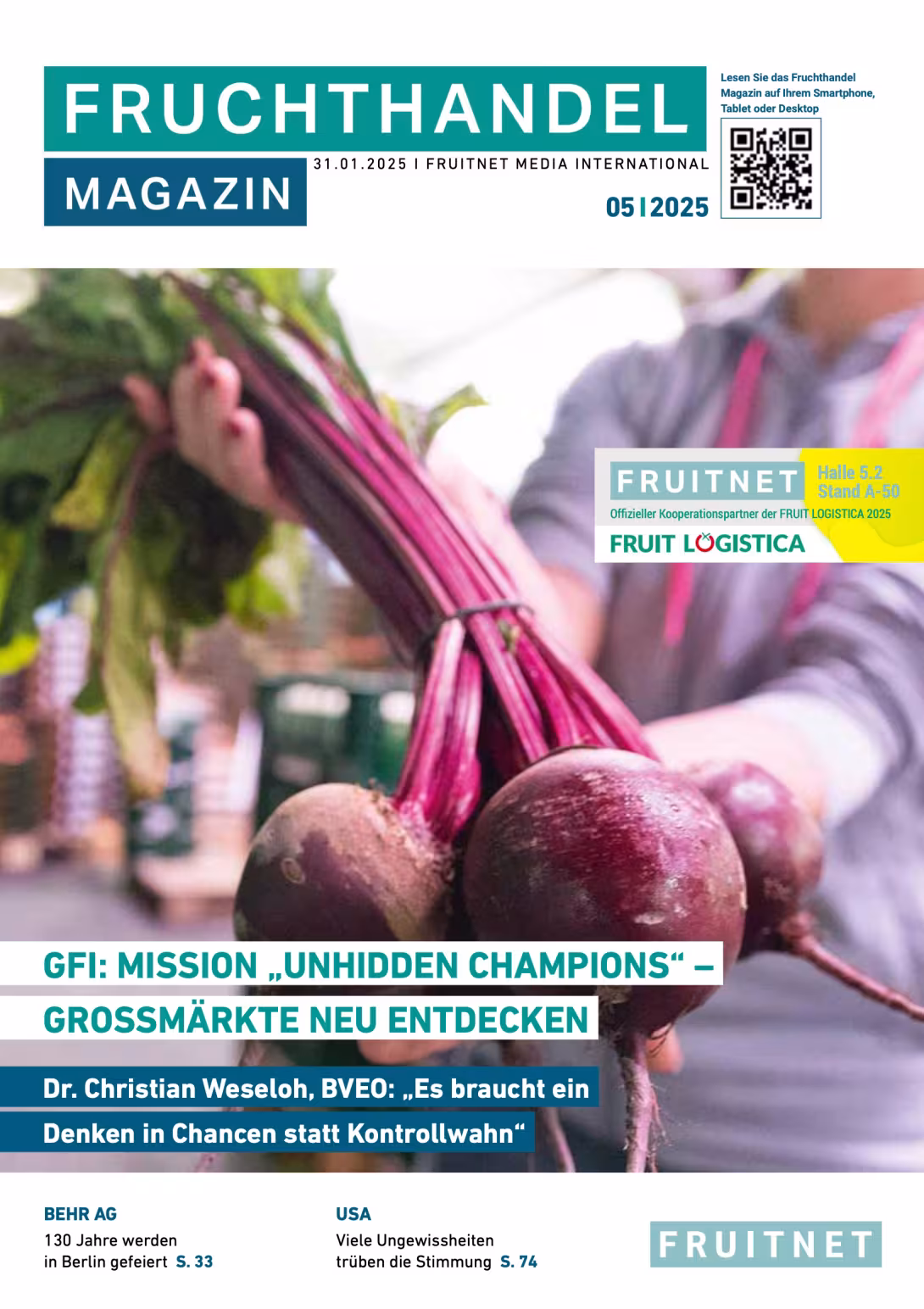 Titelseite des Fruchthandel Magazins vom 31. Januar 2025: Im Vordergrund hält eine Person frische Rote Bete-Bündel, dazu Schlagzeilen zu Großmärkten, Chancen für die Branche und Jubiläen.