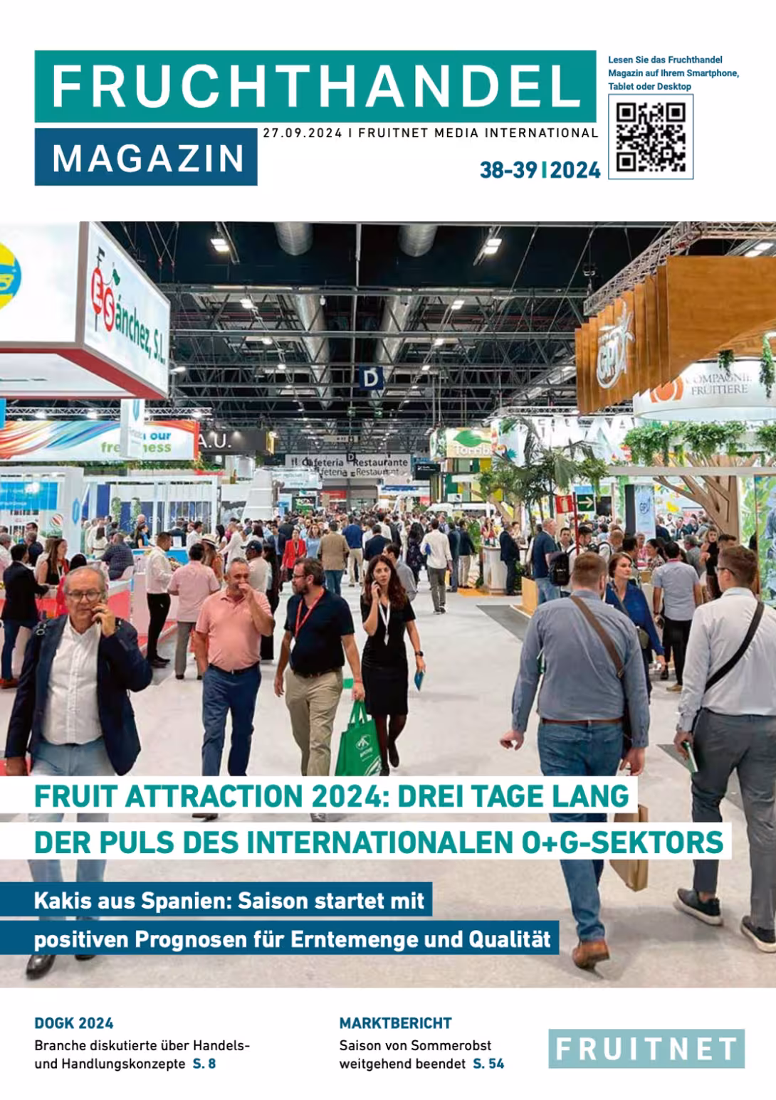Titelseite des Fruchthandel Magazins vom 27. September 2024. Im Mittelpunkt ein Foto der Messe Fruit Attraction 2024 in Madrid mit vielen Besucherinnen und Besuchern in den Messehallen.