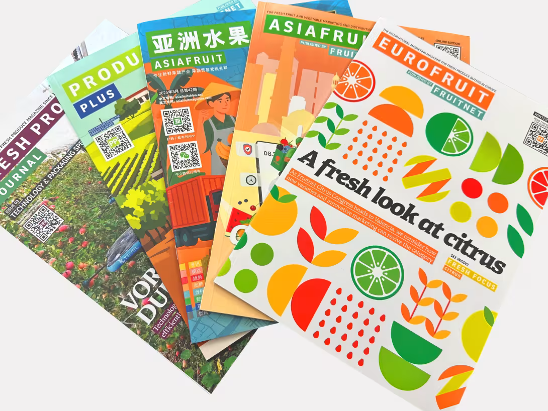 A fresh look at citrus“ mit grafischen Zitrus-Illustrationen; daneben ASIAFRUIT, Produce Plus und Fresh Produce Journal fächerförmig ausgelegt.