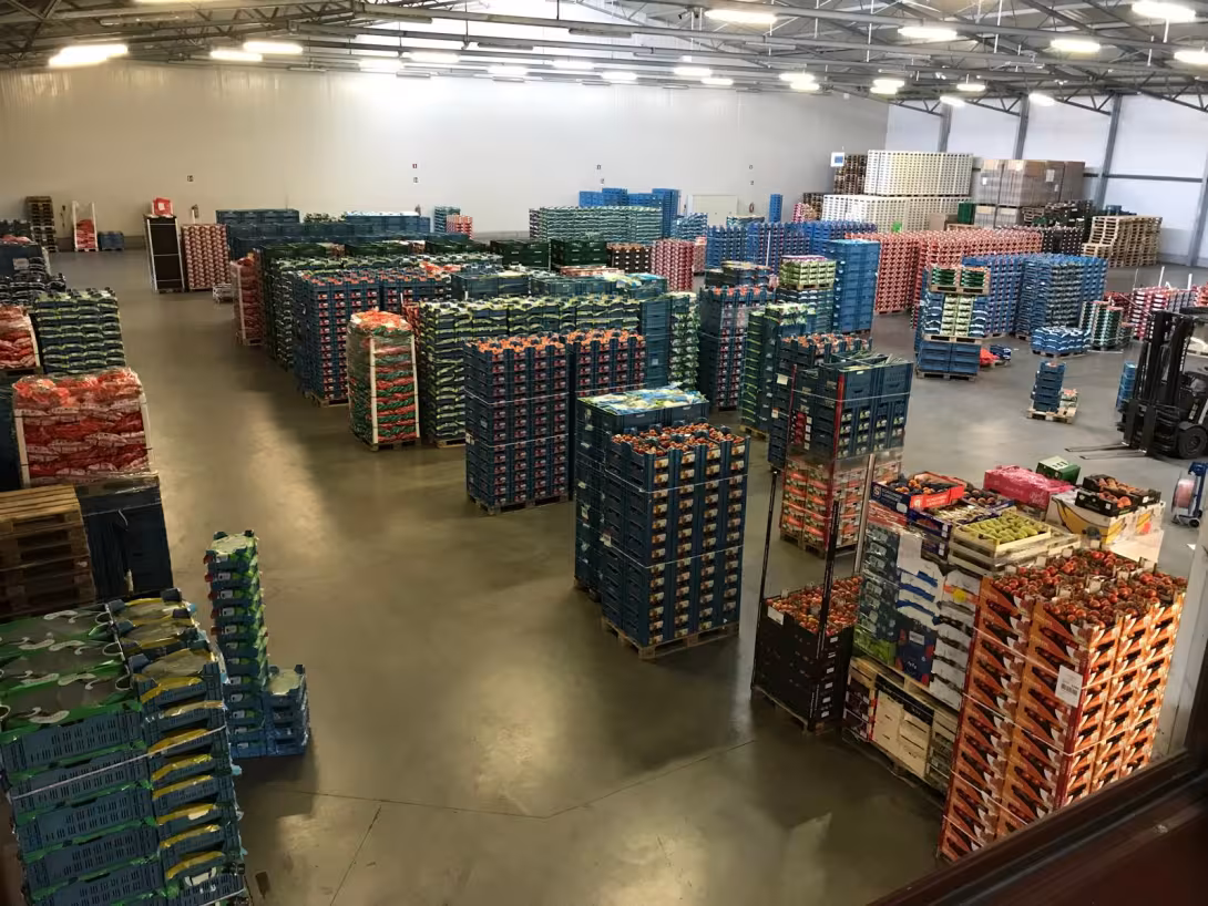 Vogelperspektive auf Lagerhalle mit vielen Paletten