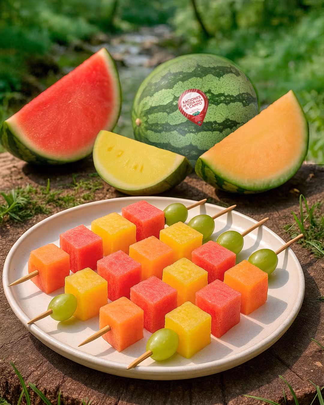 Verschiendenfarbige Melonenstücke auf einem Teller angerichtet. 